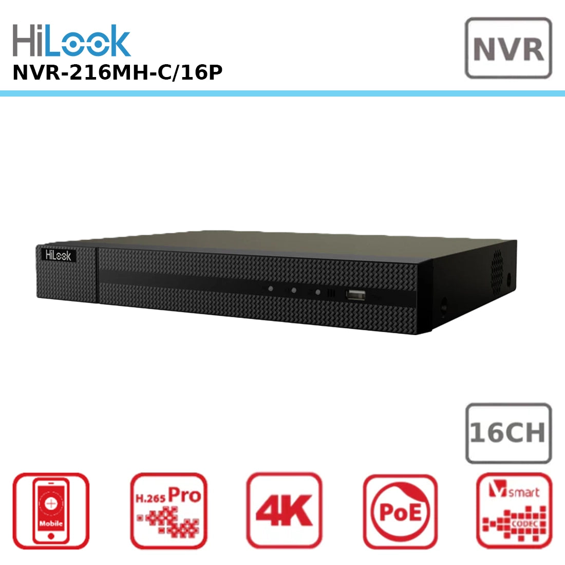 HiLook NVR-216MH-C/16P 16-Channel 4K 8MP Ultra HD Network Video Recorder with 16 Power-over-Ethernet (PoE) Ports