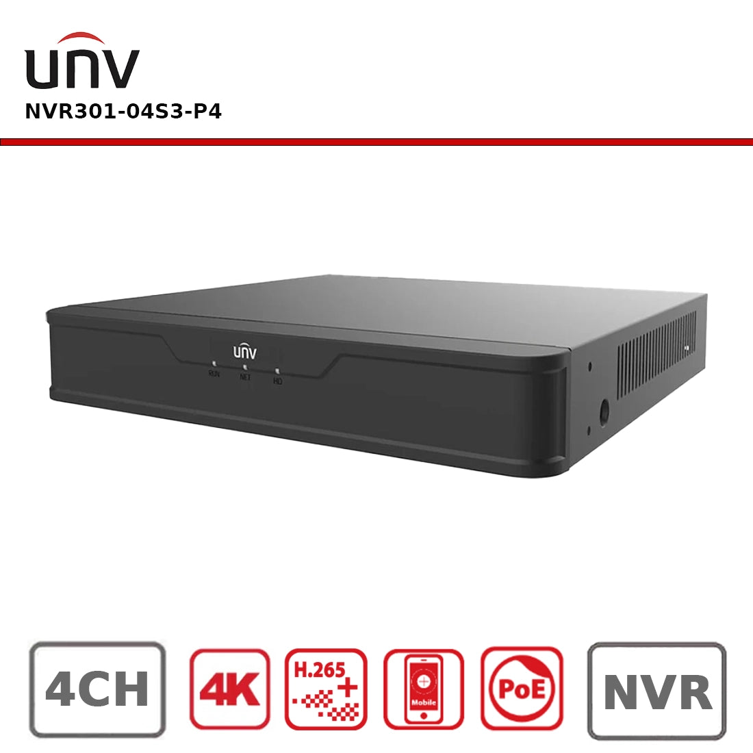 Uniview NVR301-04S3-P4 4-Channel PoE NVR 1-SATA, H.265, 4K HDMI Output