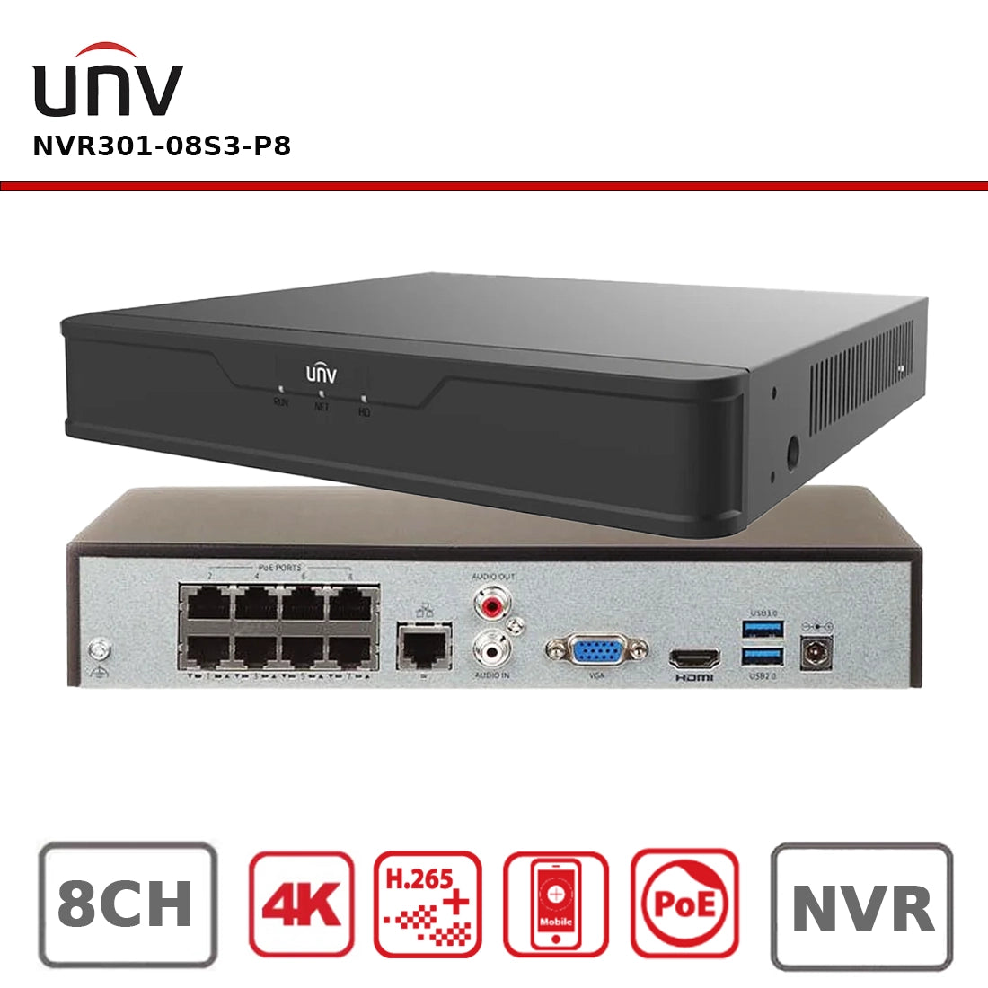 Uniview UV-NVR301-08S3-P8 8-Channel 4K PoE Network Video Recorder