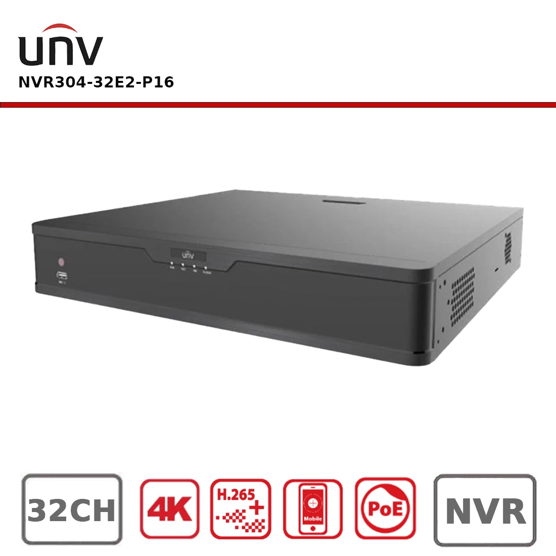 Uniview NVR304-32E2-P16 32-Channel PoE NVR, 12MP, 4×SATA, RAID Support
