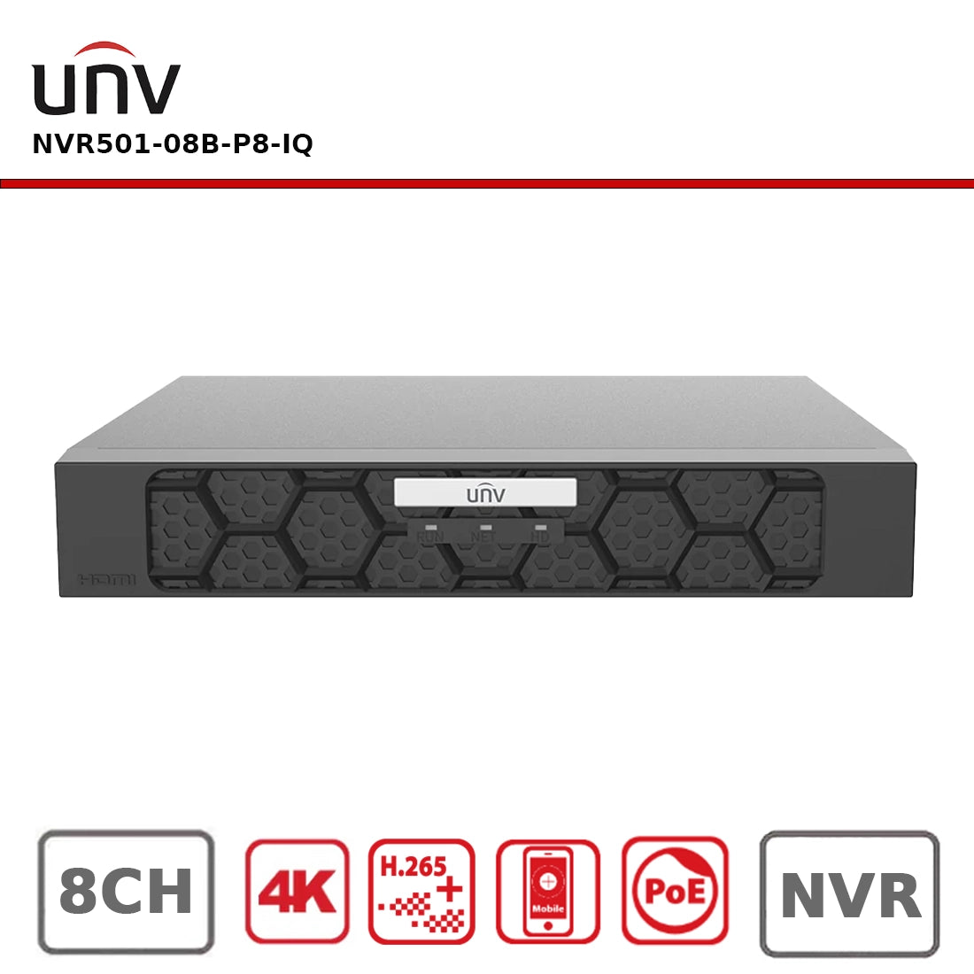 Uniview NVR501-08B-P8-IQ 8-Channel PoE NVR – 1-SATA, Built-in AI, Ultra265/H.265, 4K HDMI Output