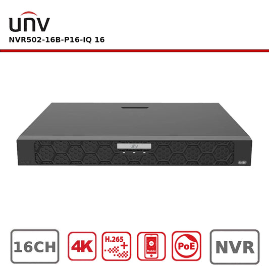 Uniview NVR502-16B-P16-IQ 16-Channel PoE NVR, 16MP, Dual-HDD, AI-Enhanced