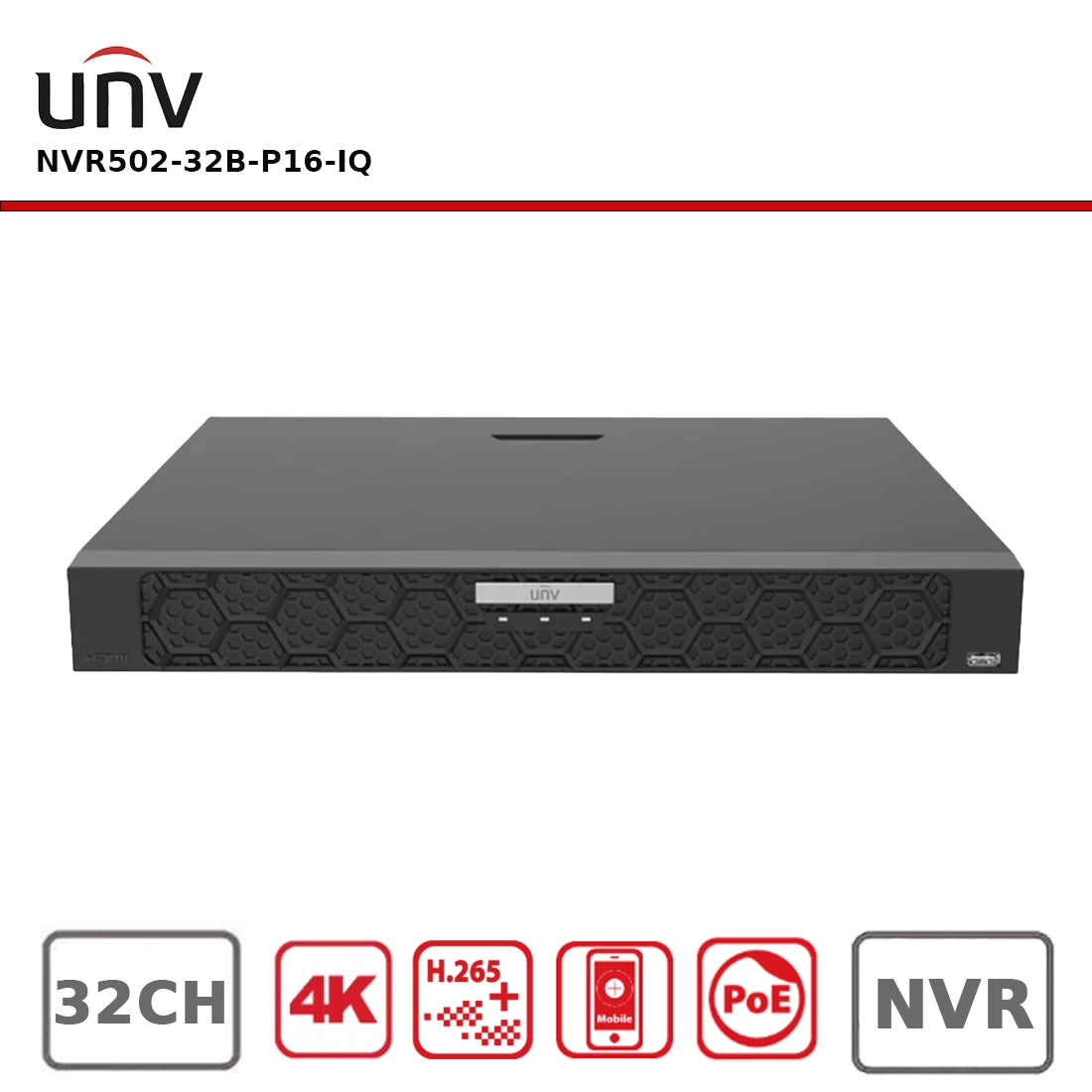 Uniview NVR502-32B-P16-IQ 32-Channel 16MP PoE NVR, Dual-HDD, AI-Enabled - NR