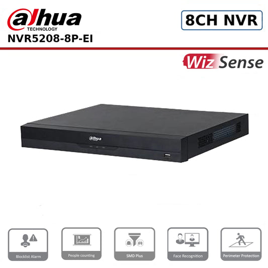 Dahua 8 Channel NVR5208-8P-EI 8PoE 2HDD WizSense AI Pro NVR with 384Mbps Bandwidth