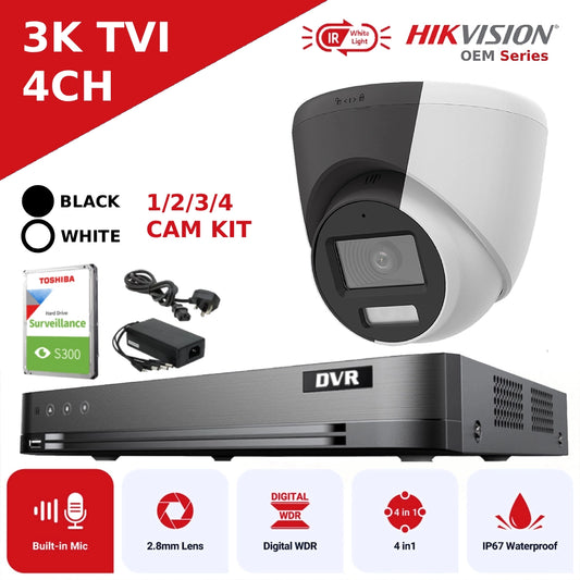 Hikvision OEM Series 3K TVI CCTV Kit with 4 Channel DVR - Upto 4 x Turret Cameras with Mic + 4CH DVR + 1TB HDD + PSU