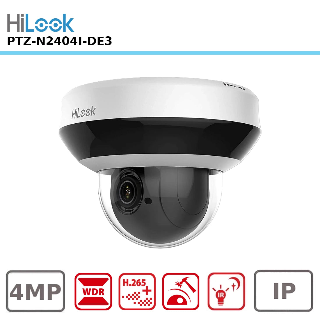 HiLook PTZ-N2404I-DE3 4MP HD PTZ (Pan-Tilt-Zoom) IP Dome Camera with 4x Optical Zoom, Built-in Microphone, and 20m Infrared Night Vision