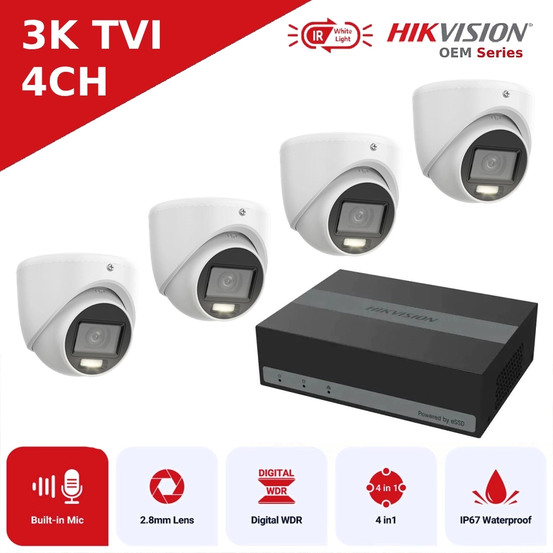 Set of Hikvision security cameras with a DVR and features highlighted on a white background.