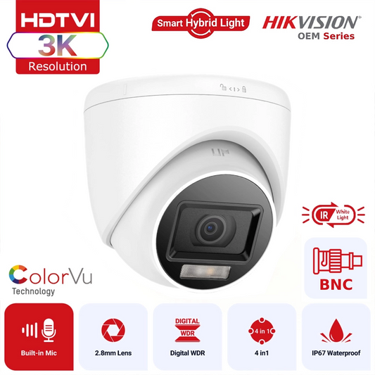Hikvision OEM Series TVI T159W-HS 3K ColorVu Hybrid Light TVI Turret Camera with AoC Built in Mic IP67 - White