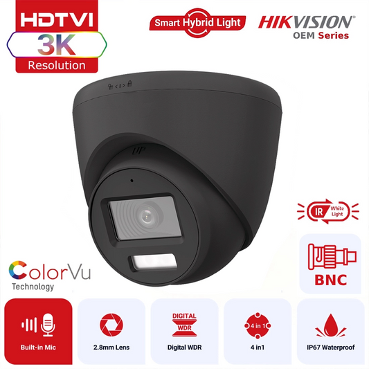 Hikvision OEM Series TVI T259B-HS 3K ColorVu Hybrid Light TVI Turret Camera with AoC Built in Mic IP67 - Black