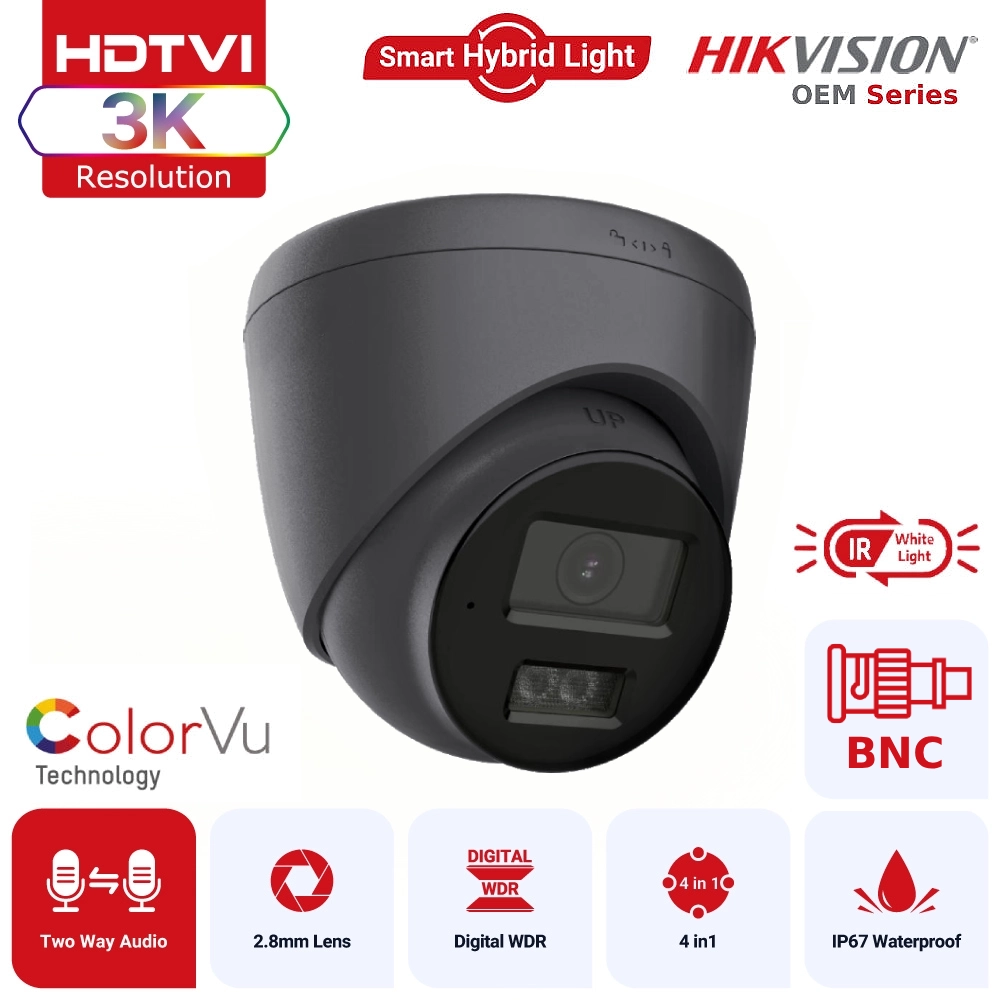 Hikvision OEM Series TVI T259B-HT 3K ColorVu Hybrid Light TVI Turret Camera with Two-Way Audio IP67 - Black