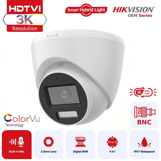 Hikvision OEM Series TVI T259W-HS 3K ColorVu Hybrid Light TVI Turret Camera with AoC Built in Mic IP67 - White