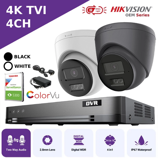 Hikvision OEM Series 4K 4CH CCTV Kit with 4 x Two-Way Audio Cameras + DVR + 1TB HDD + PSU + BNC/DC Plugs