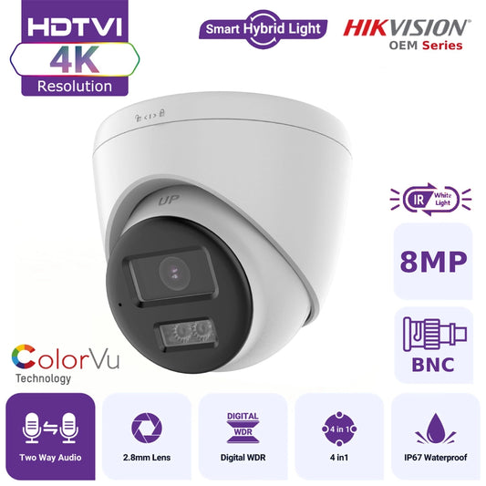 Hikvision OEM Series TVI T289W-HT 4K ColorVu Hybrid Light TVI Turret Camera with Two-Way Audio IP67 - White