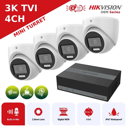 Hikvision OEM Series 3K TVI 4 Channel CCTV Kit with 4 x T159W-HS Turret Cameras with Mic + eDVR + PSU + BNC/DC Plugs