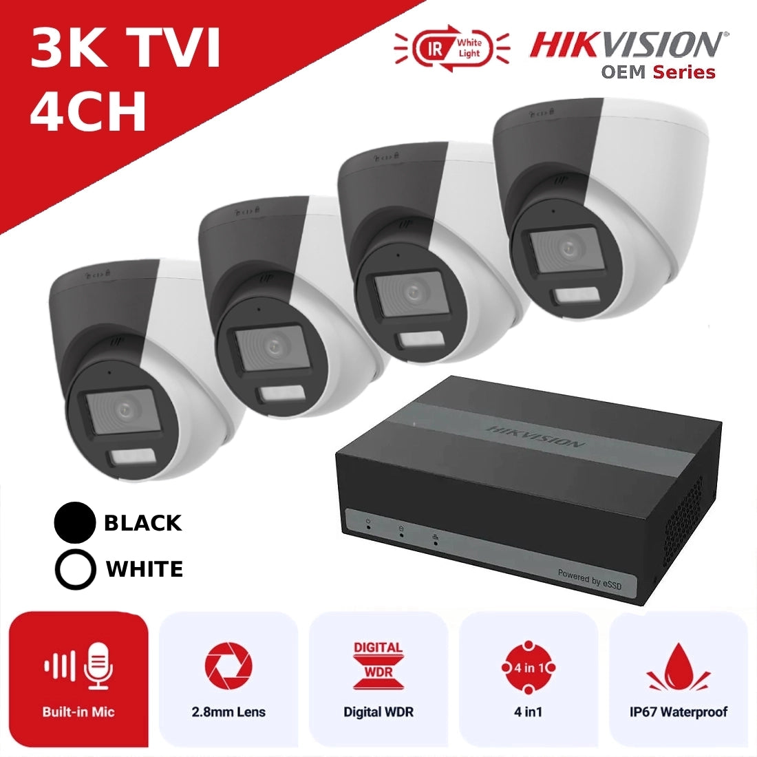Hikvision OEM Series 3K TVI CCTV Kit with 4 Channel eDVR – 4 x T259W-HS Turret Cameras with Mic + PSU + BNC/DC Plugs