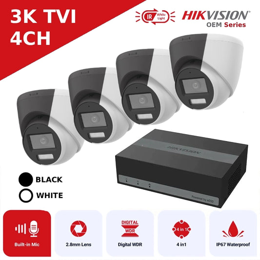 Hikvision OEM Series 3K TVI CCTV Kit with 4 Channel eDVR – 4 x T259W-HS Turret Cameras with Mic + PSU + BNC/DC Plugs