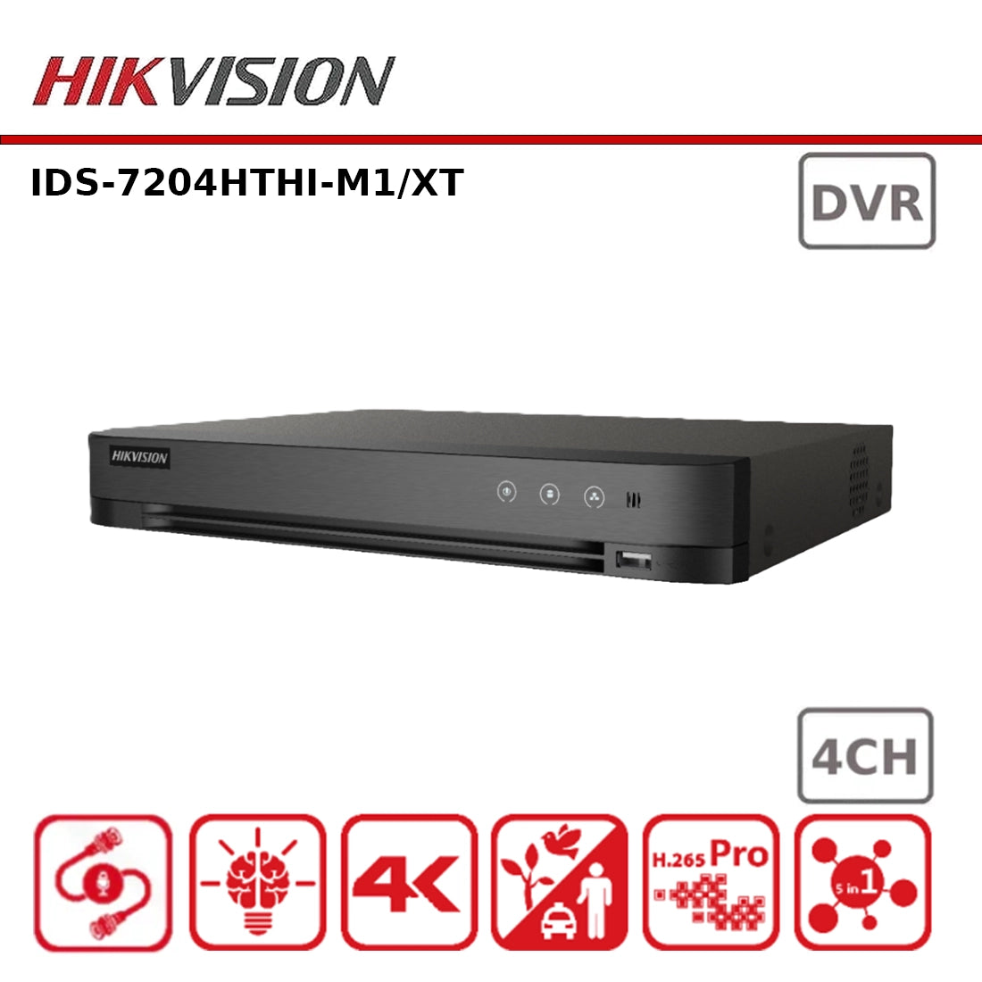 Hikvision iDS-7204HTHI-M1/XT 8MP TVI 4 Channel AcuSense AoC Turbo HD Hybrid DVR With TVI Two-Way Audio Technology Support