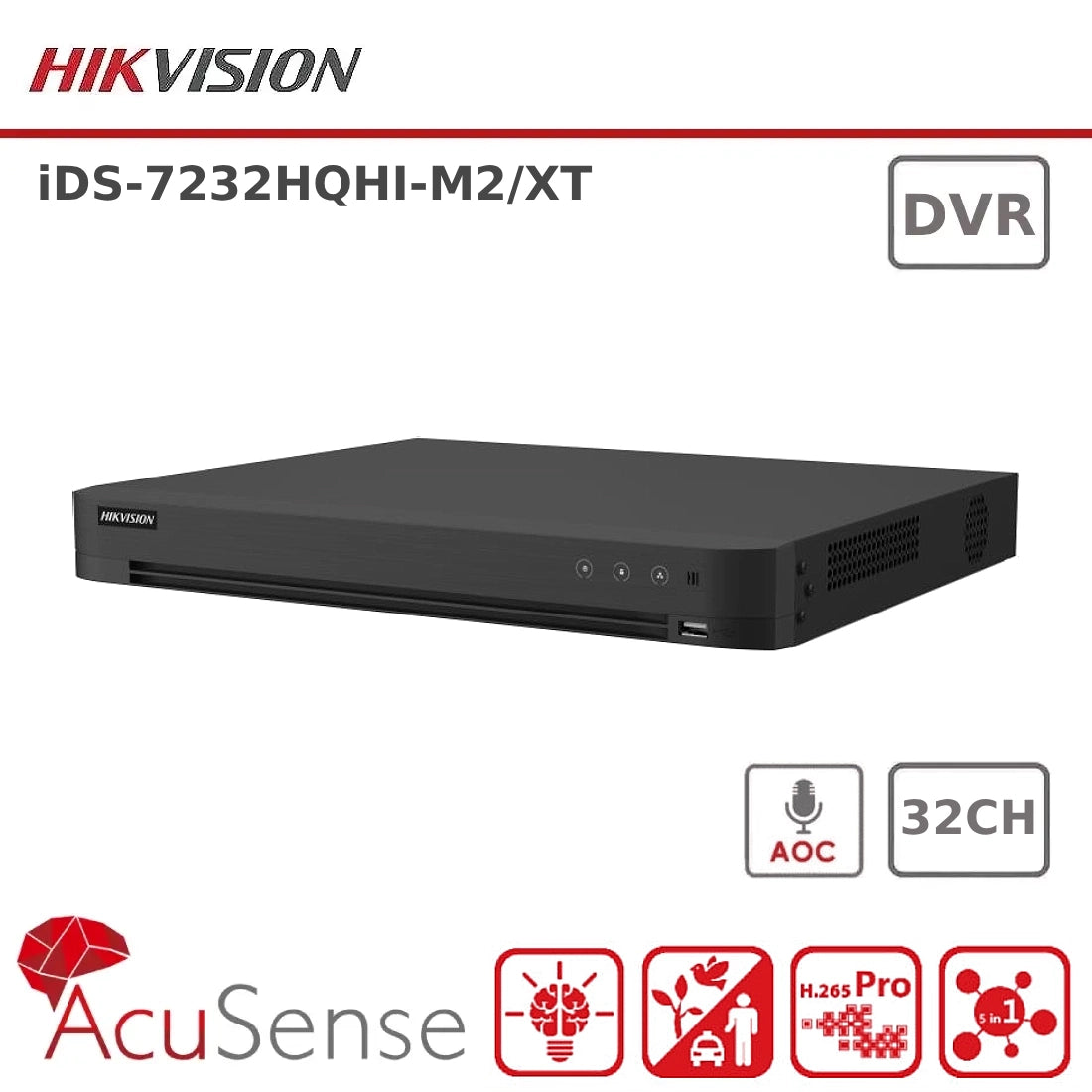 4MP Hikvision iDS-7232HQHI-M2/XT 32 Channel 1080p 1U H.265 AcuSense DVR - 2 Bays