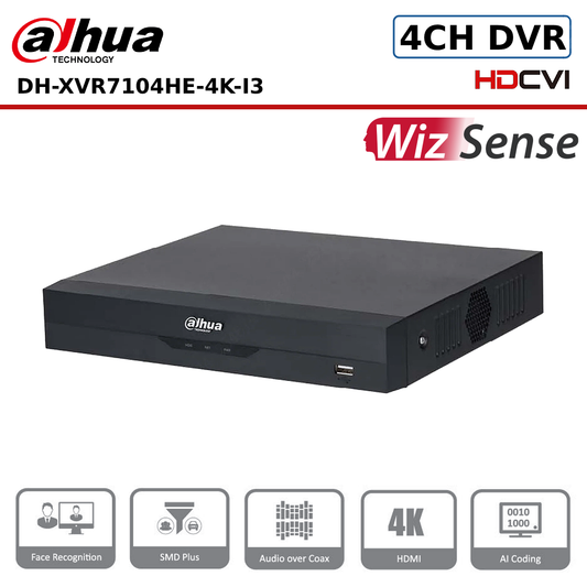 4 Channel Dahua DH-XVR7104HE-4K-I3 4 Channel Penta-brid 4K Mini 1U 1HDD WizSense Digital Video Recorder - CCTV Express UK
