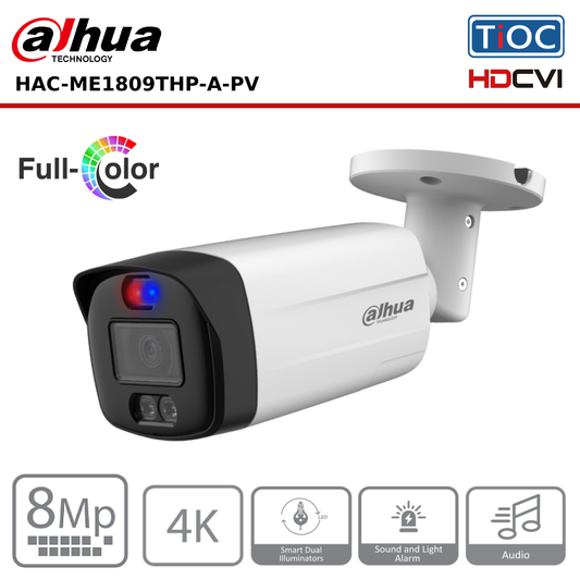 8MP Dahua DH-HAC-ME1809THP-A-PV 8MP 4K HDCVI TiOC Active Deterrence Fixed Lens 40M Bullet Camera - CCTV Express UK