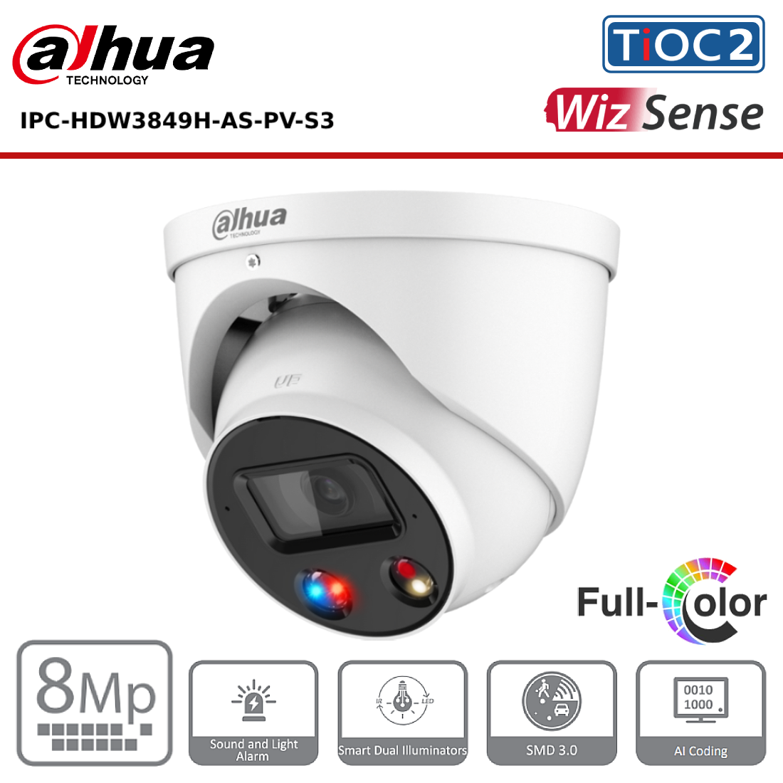 8MP Dahua DH-IPC-HDW3849H-AS-PV-S4 8MP TiOC 2.0 Fixed-focal Eyeball Ne ...