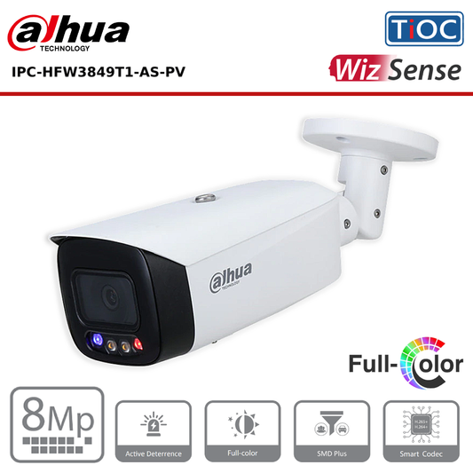 8MP Dahua IPC-HFW3849T1-AS-PV WizSense, TiOC IP67 8MP 2.8mm Fixed Lens, 30M Active Deterrence IP Bullet Camera, White - CCTV Express UK
